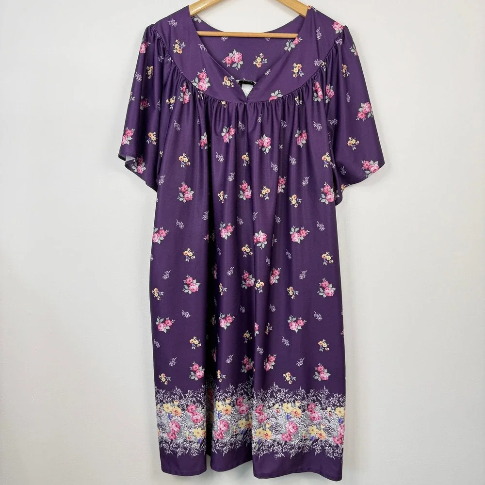 Anthony‎ Richards Floral Muumuu House Dress Womens XL Purple Pockets Granny